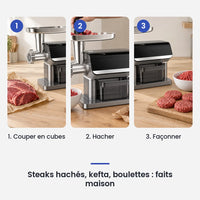 Comment utiliser le hachoir à viande électrique BioloMix 1600W en 3 étapes : couper en cubes, hacher, façonner