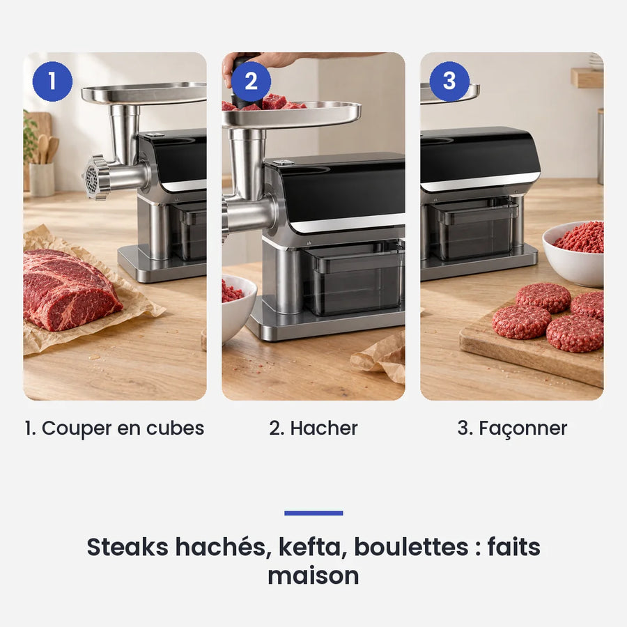 Comment utiliser le hachoir à viande électrique BioloMix 1600W en 3 étapes : couper en cubes, hacher, façonner