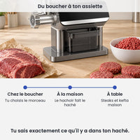 Du boucher à ton assiette avec le hachoir à viande électrique BioloMix 1600W : chez le boucher, tu choisis le morceau