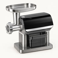 Hachoir à viande électrique BioloMix 1600W noir et inox à écran tactile, vu en plongée sur fond blanc cassé