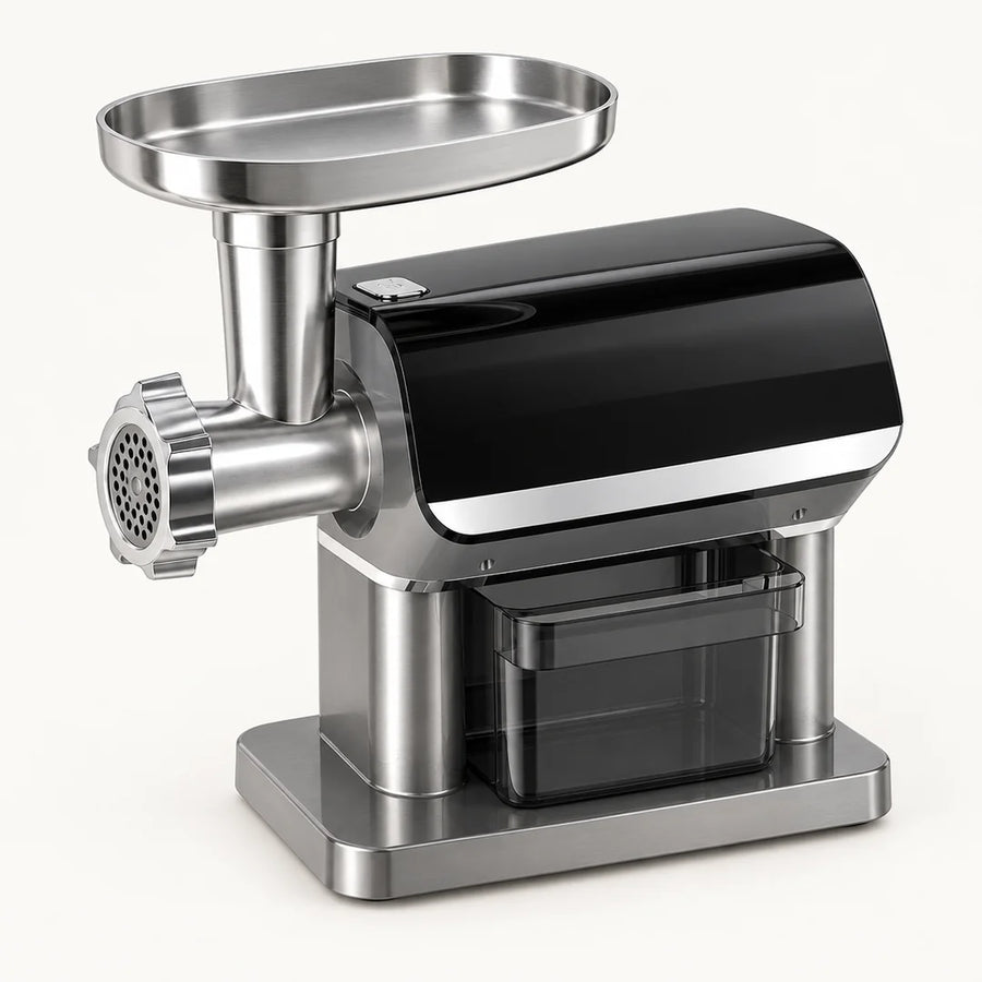 Hachoir à viande électrique BioloMix 1600W noir et inox à écran tactile, vu en plongée sur fond blanc cassé