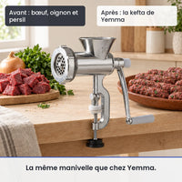 Avant/après avec le hachoir à viande manuel 3 en 1 : bœuf, oignon et persil, puis la kefta de Yemma
