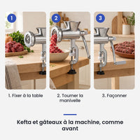 Comment utiliser le hachoir à viande manuel 3 en 1 en 3 étapes : fixer à la table, tourner la manivelle, façonner