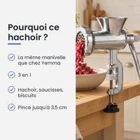 Pourquoi choisir ce hachoir : la même manivelle que chez Yemma, 3 en 1, hachoir, saucisses, biscuits, pince jusqu'à 3,5 cm