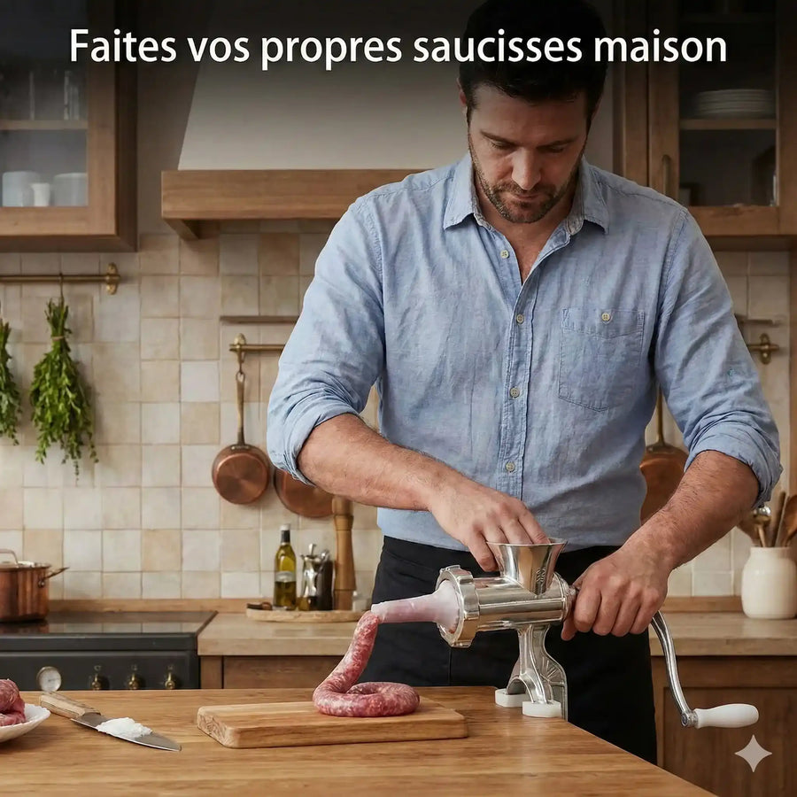 Détail lames et matériaux — Hachoir à viande manuel inox avec kit saucisses