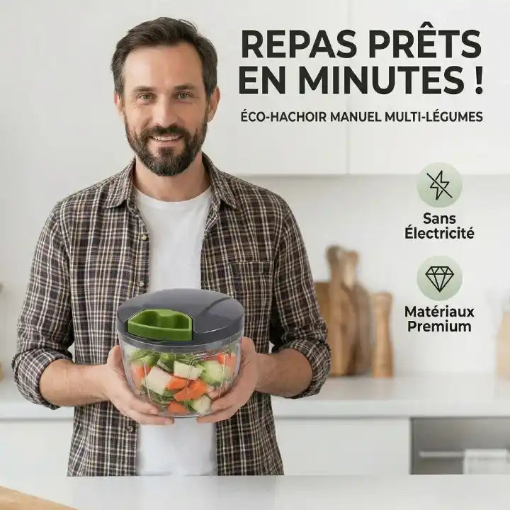 homme tenant le hachoir manuel a ficelle sans électricité avec des matériaux premium