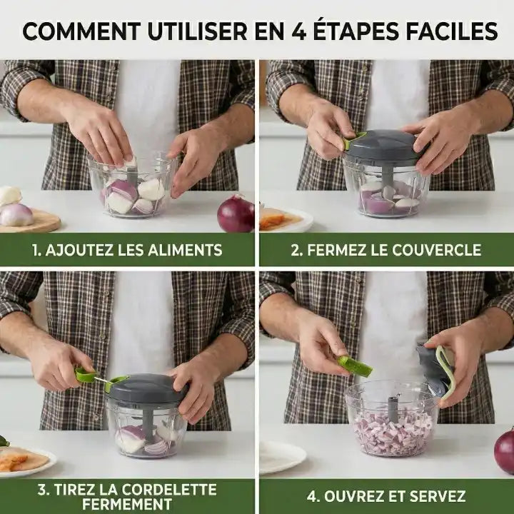guide d'utilisation du hachoir manuel à ficelle en 4 étapes faciles, ajoutez les aliments, fermez le couvercle, tirer la cordelette fermement, ouvrez et servez