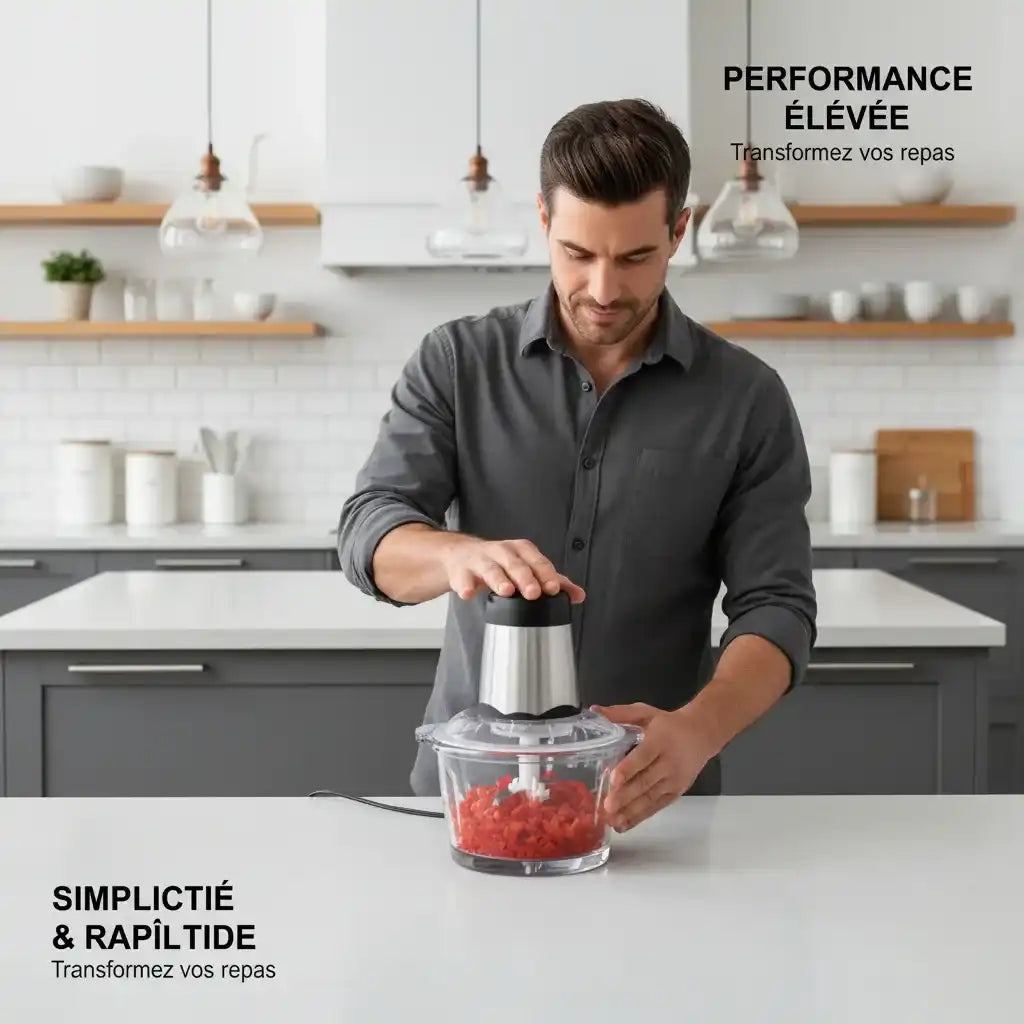 Hachoir électrique 300W bol verre 2L — présentation complète accessoires