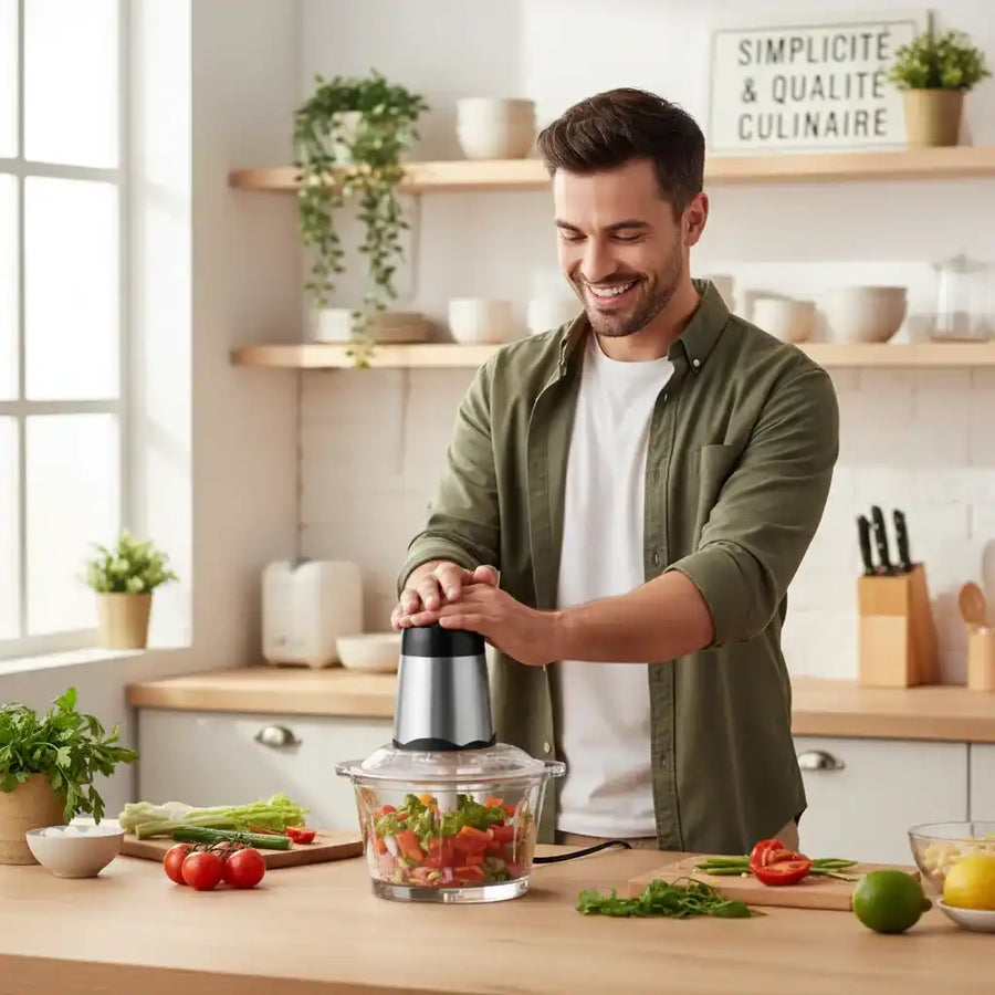 Hachoir électrique 300W bol verre 2L — préparation légumes et herbes