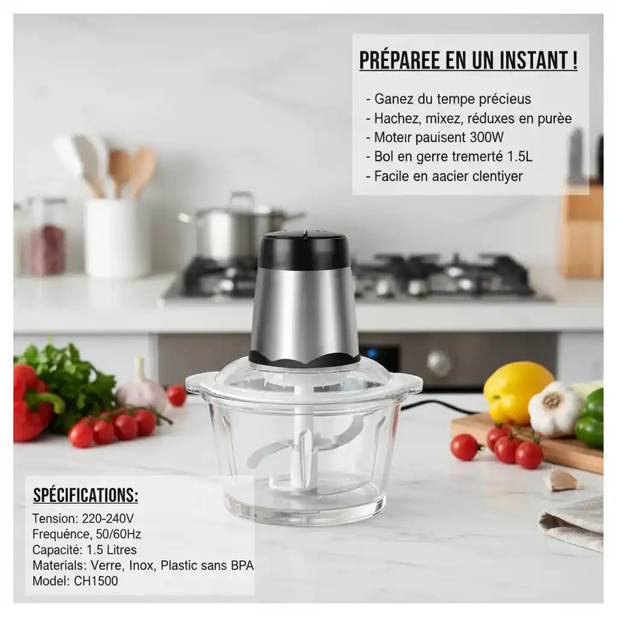 Hachoir électrique 300W bol verre 2L — bol transparent vue latérale