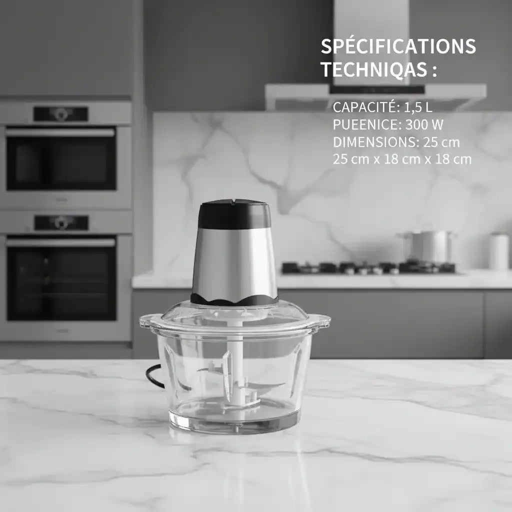 Hachoir électrique 300W bol verre 2L — détail technique lames et anneau
