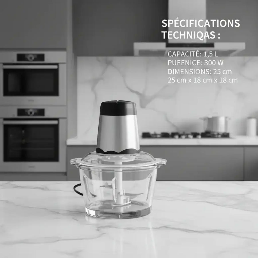 Hachoir électrique 300W bol verre 2L — détail technique lames et anneau