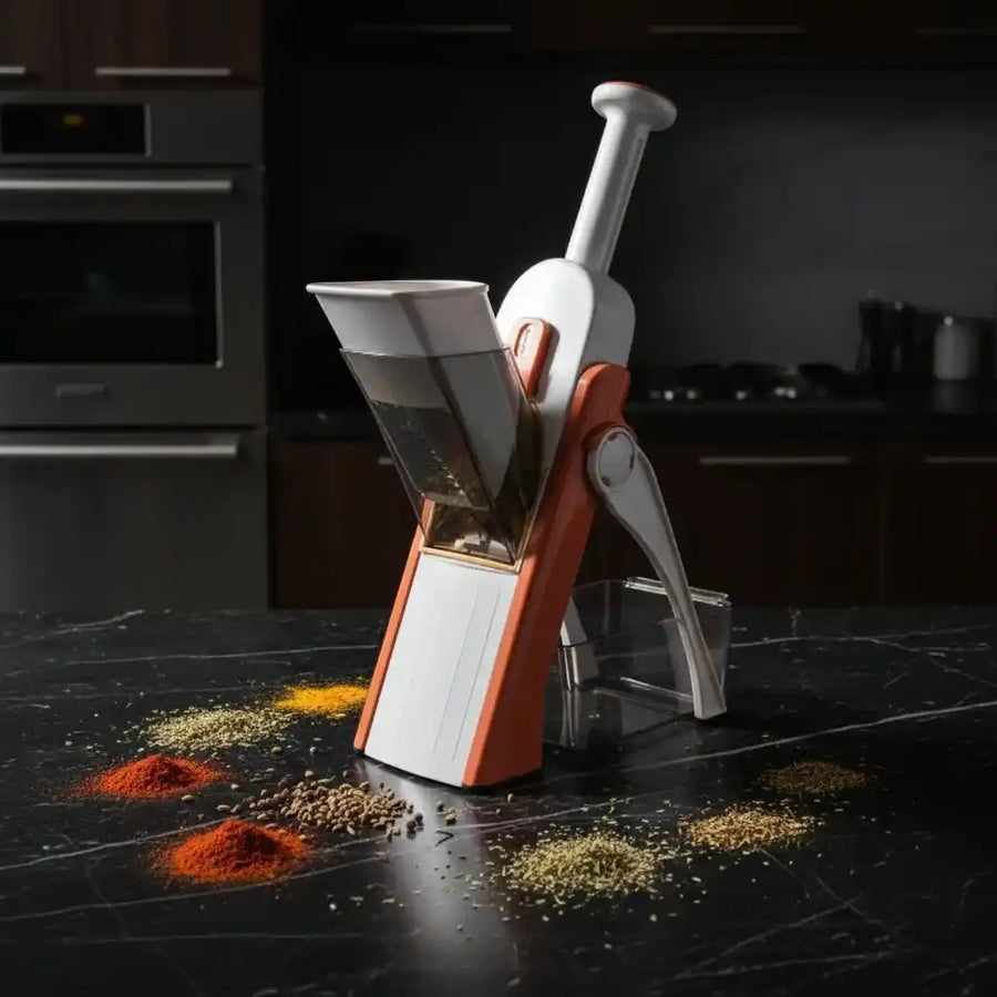 Mandoline coupe-légumes 5 en 1 orange et blanc sur marbre noir avec épices — cumin et paprika — éclairage cinématographique dramatique