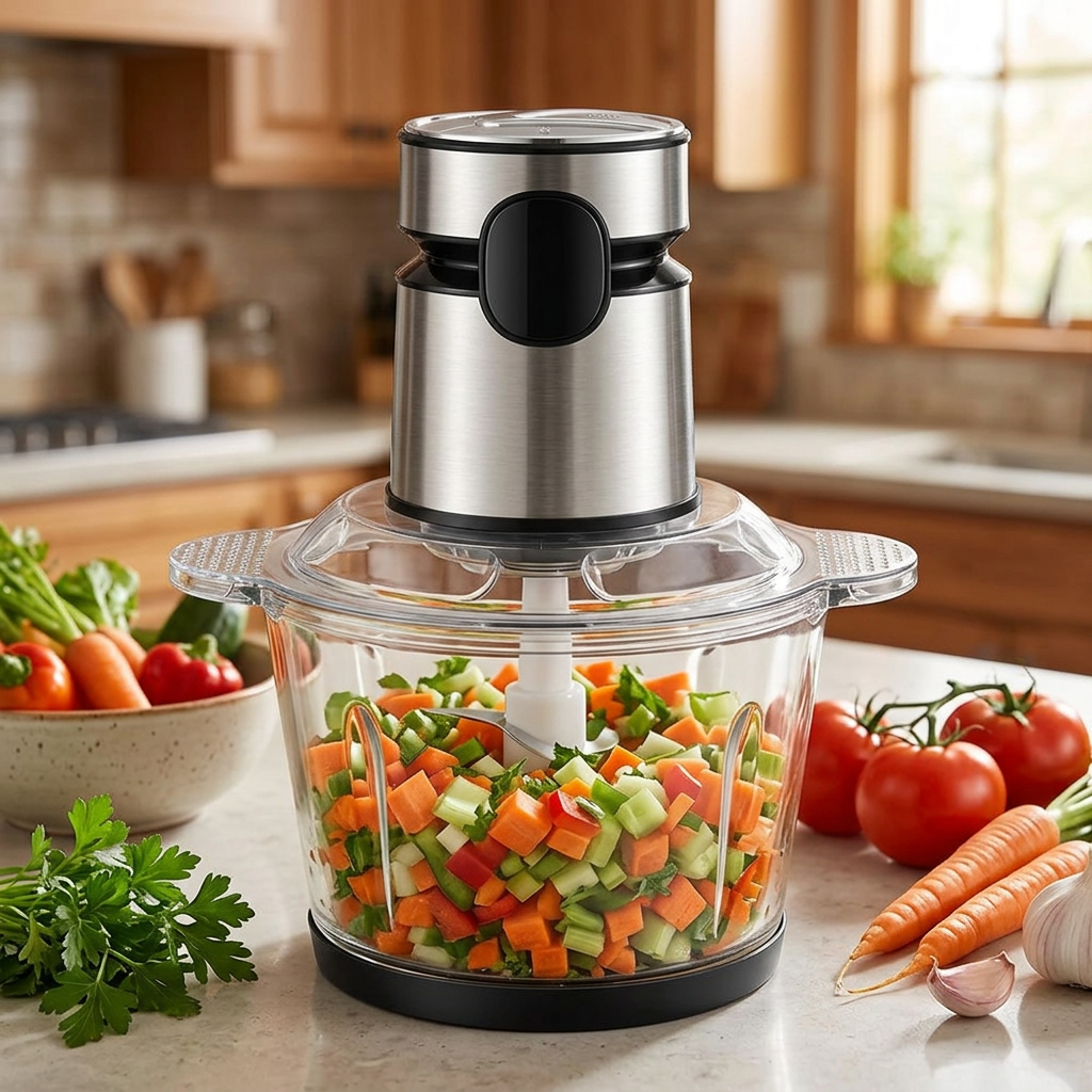 Hachoir électrique bol verre 2 L, 3 vitesses et minuterie, en situation dans la cuisine