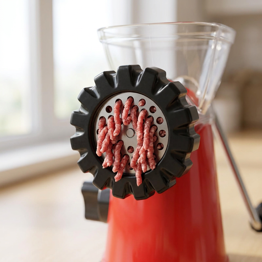 Hachoir à viande manuel à ventouse rouge, avec embout à saucisses, gros plan sur les détails