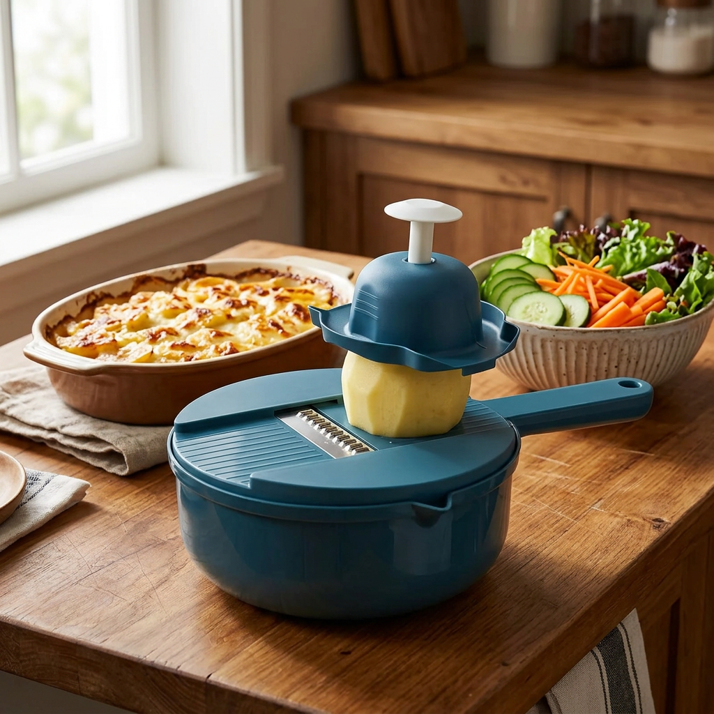 Mandoline coupe-légumes 9 en 1 avec bol, en situation dans la cuisine