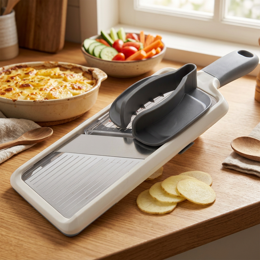 Mandoline à main réglable 3 épaisseurs, en situation dans la cuisine
