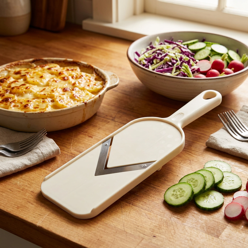 Mandoline à main lame en V, en situation dans la cuisine