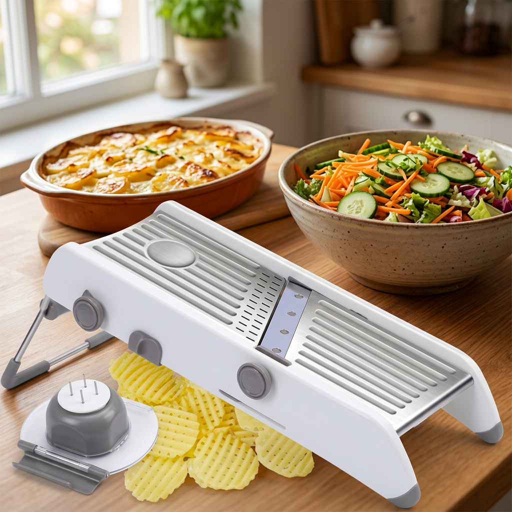 Mandoline réglable 18 coupes avec poussoir, en situation dans la cuisine