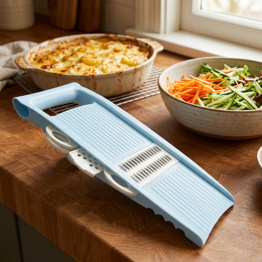 Mandoline 5 en 1 avec julienne et râpe, en situation dans la cuisine