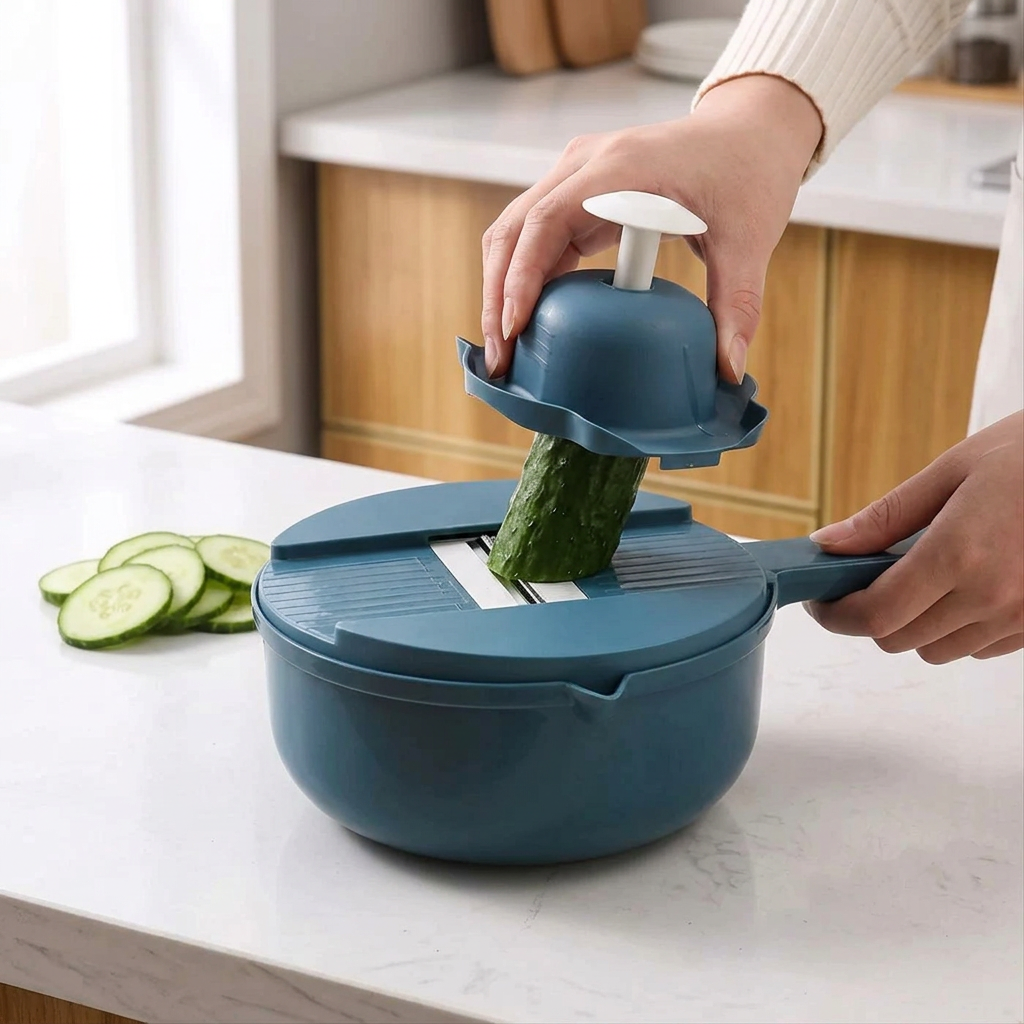 Mandoline coupe-légumes 9 en 1 avec bol, en cours d'utilisation