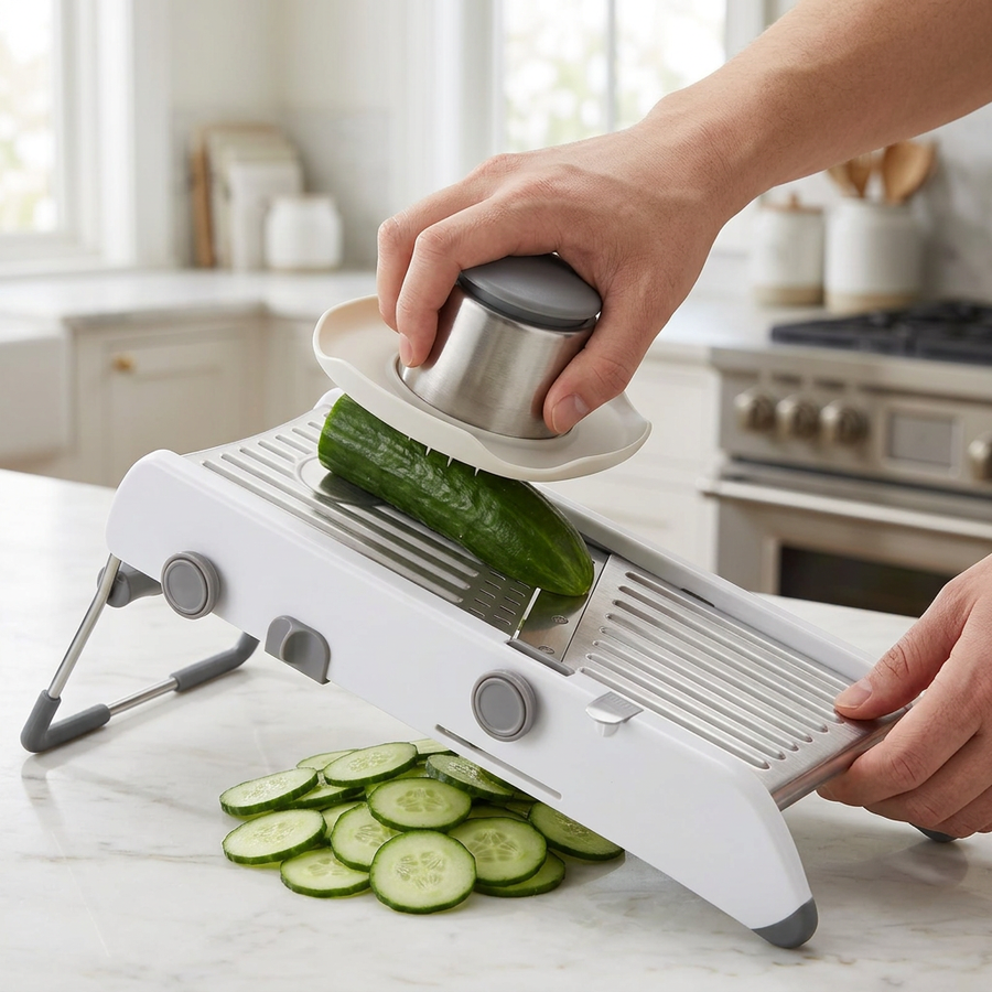 Mandoline réglable 18 coupes avec poussoir, en cours d'utilisation