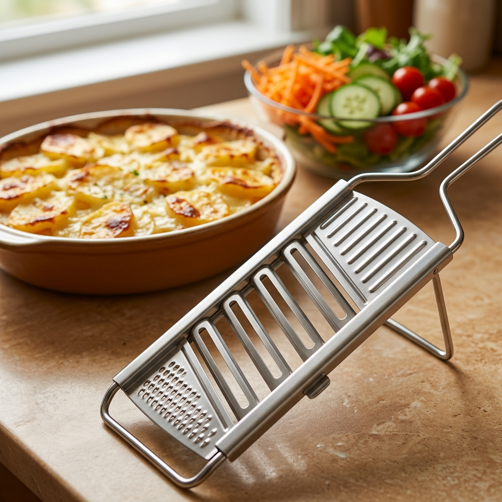 Mandoline râpe inox à plaques amovibles, en situation dans la cuisine