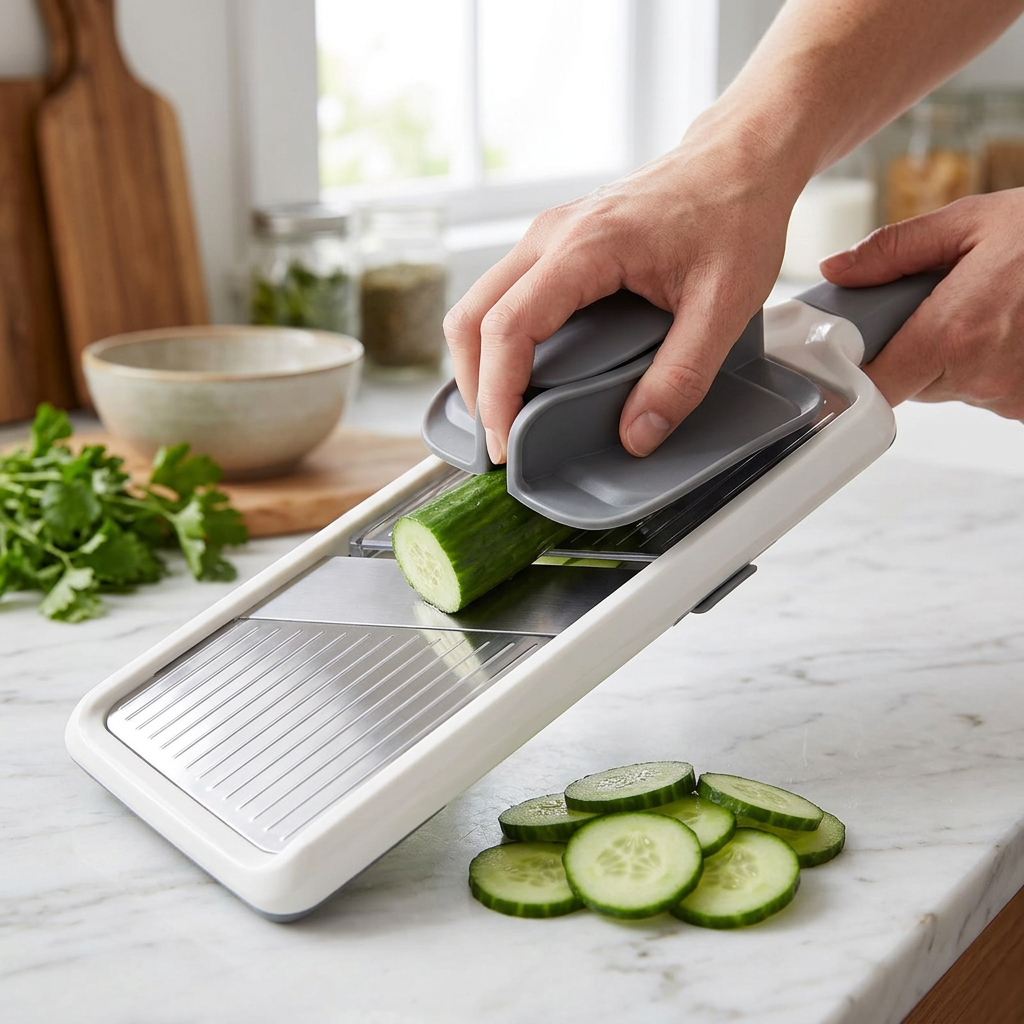 Mandoline à main réglable 3 épaisseurs, en cours d'utilisation