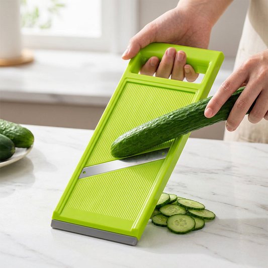 Mandoline droite compacte à lame inox, en cours d'utilisation
