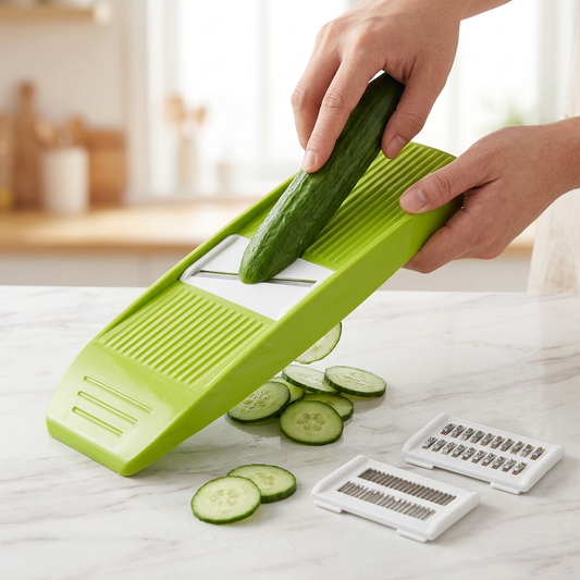Mandoline râpe 3 lames pour julienne, en cours d'utilisation