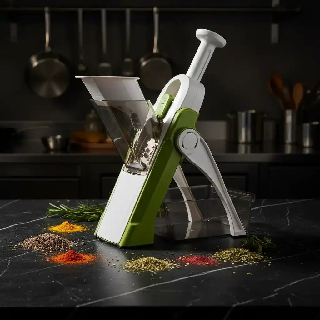 Mandoline coupe-légumes 5 en 1 verte et blanche sur marbre noir avec épices — cumin et paprika — éclairage cinématographique dramatique