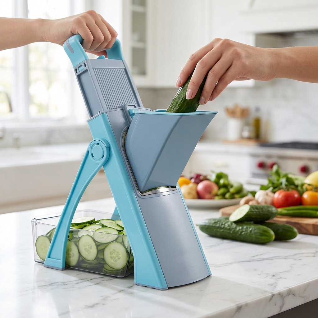 Mandoline verticale avec bac de récupération, en cours d'utilisation