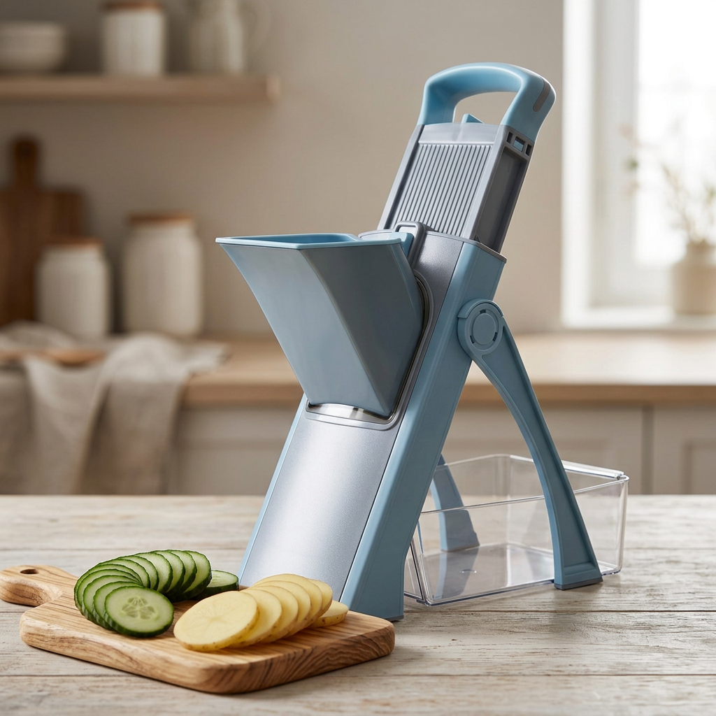 Mandoline verticale avec bac de récupération, résultat obtenu