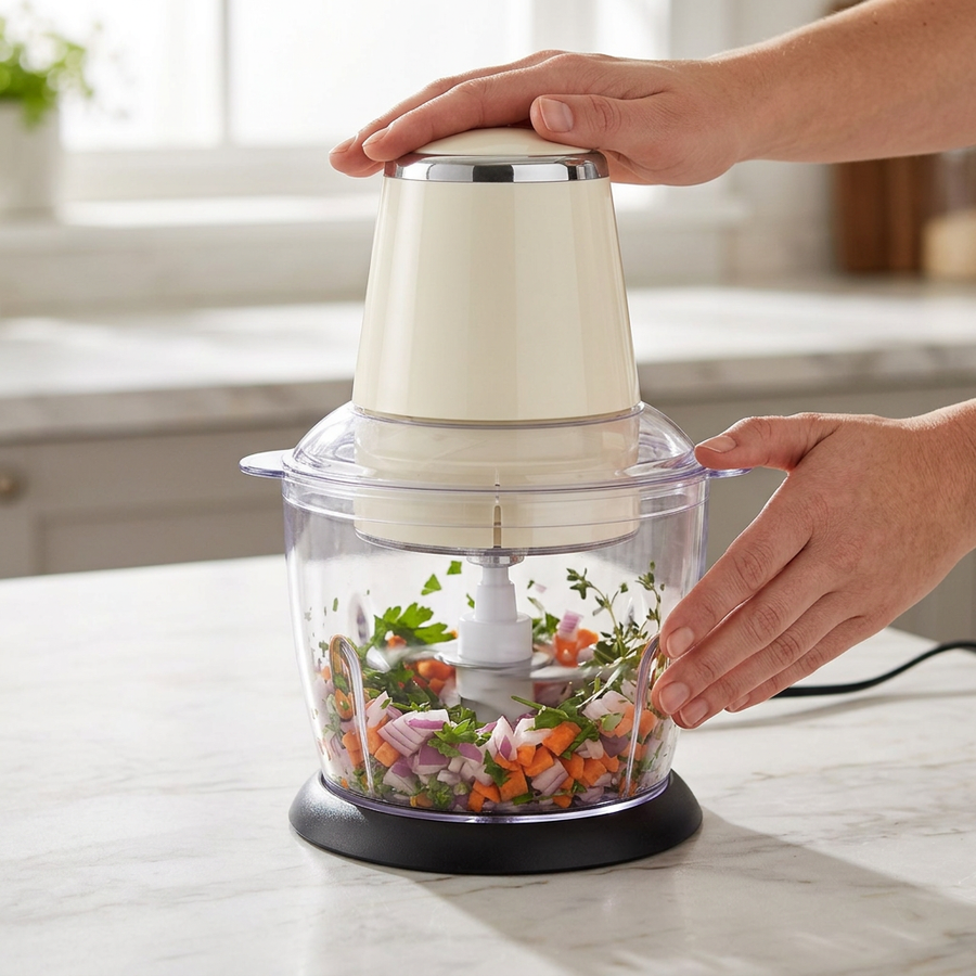 Mini hachoir électrique 750 ml 300 W crème, en cours d'utilisation