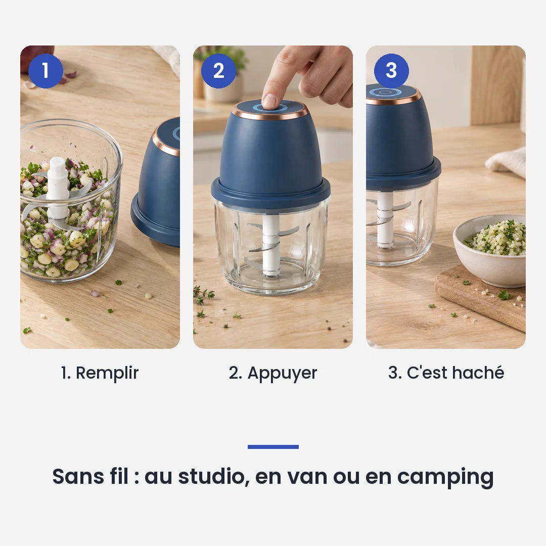 Comment utiliser le mini hachoir électrique multifonction 350ml en 3 étapes : remplir, appuyer, c'est haché