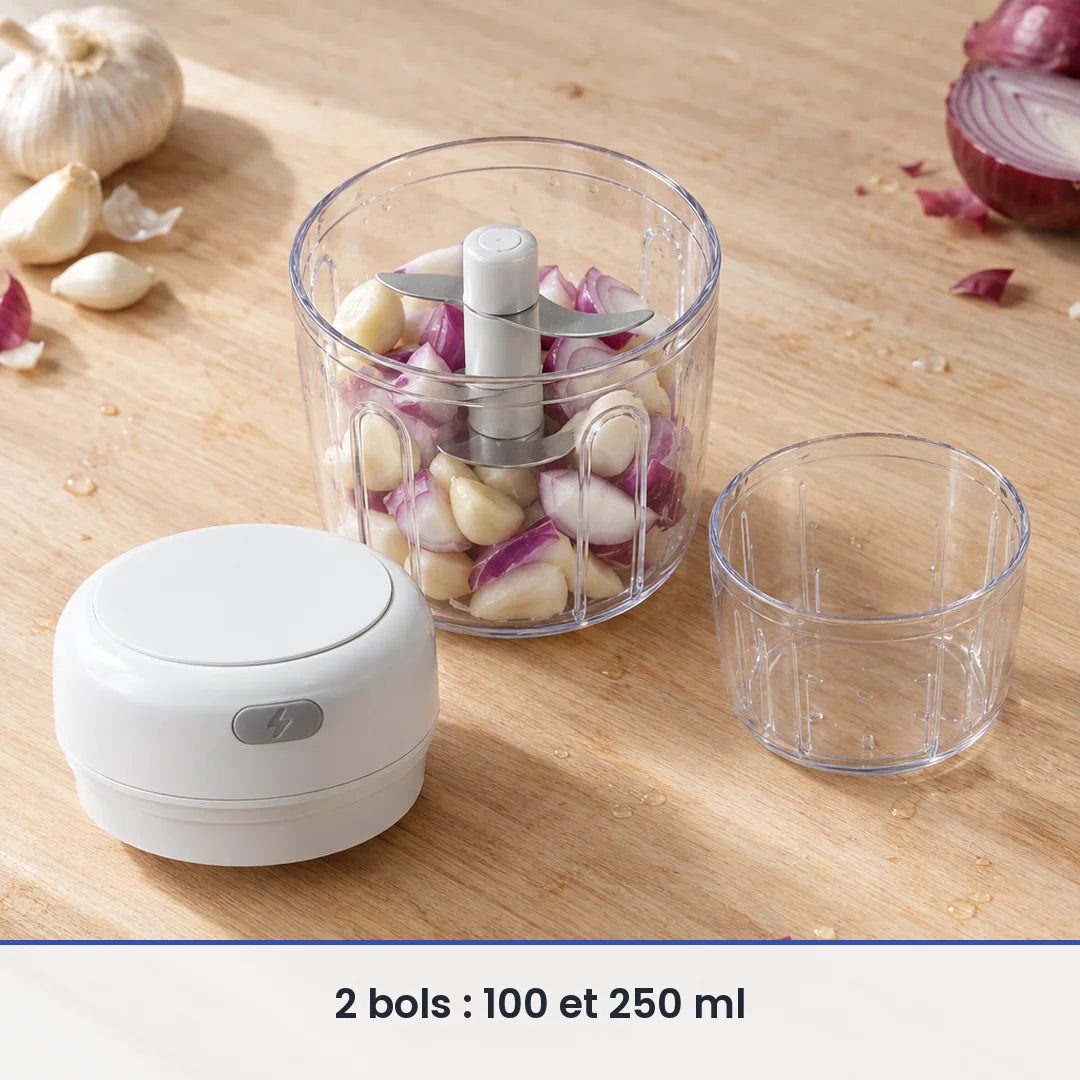 Bol de 250 ml du mini hachoir blanc rempli d'ail et d'oignon rouge, couvercle-moteur et bol de 100 ml posés à côté