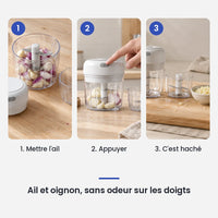 Comment utiliser le mini hachoir électrique blanc 30W 100 + 250 ml en 3 étapes : mettre l'ail, appuyer, c'est haché