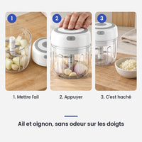 Comment utiliser le mini hachoir électrique blanc 30W 250 ml plastique en 3 étapes : mettre l'ail, appuyer, c'est haché