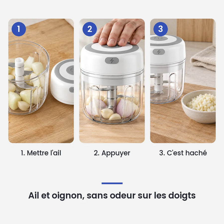 Comment utiliser le mini hachoir électrique blanc 30W 250 ml plastique en 3 étapes : mettre l'ail, appuyer, c'est haché