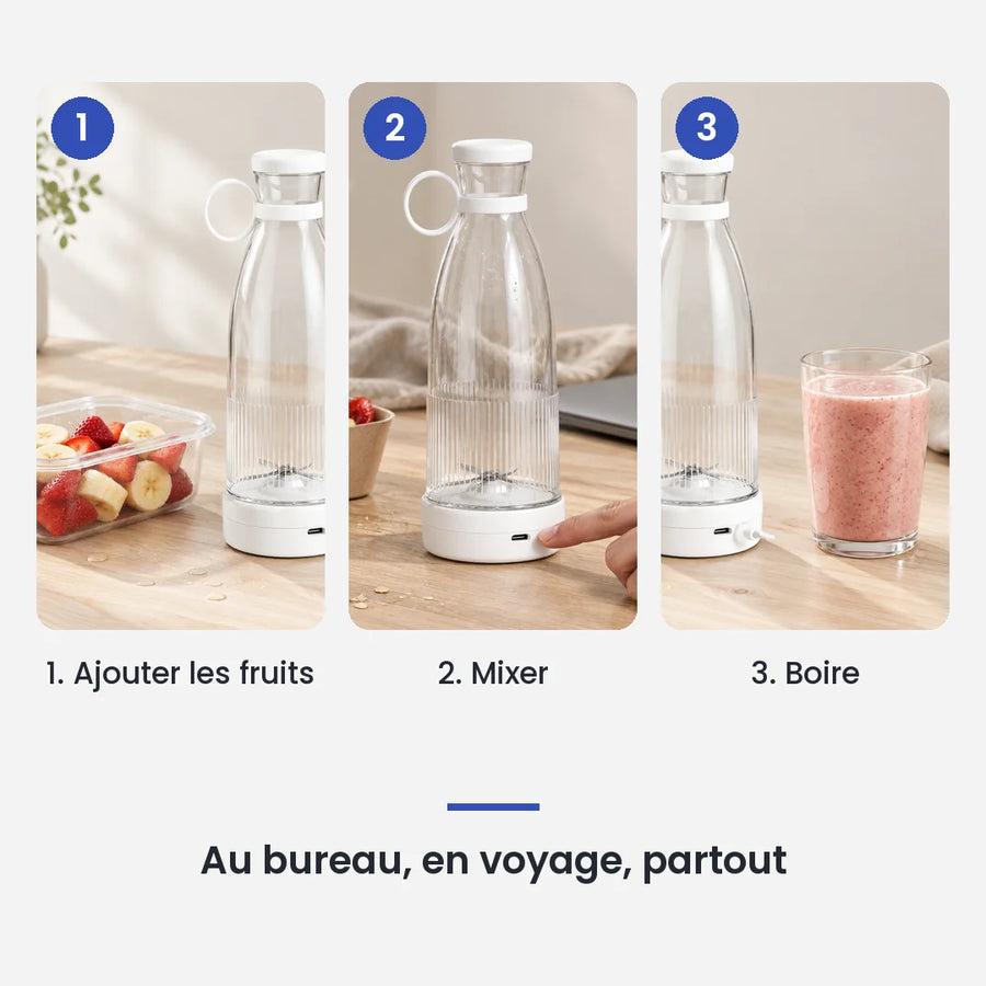Comment utiliser le mini hachoir électrique blanc portable 6 lames en 3 étapes : ajouter les fruits, mixer, boire