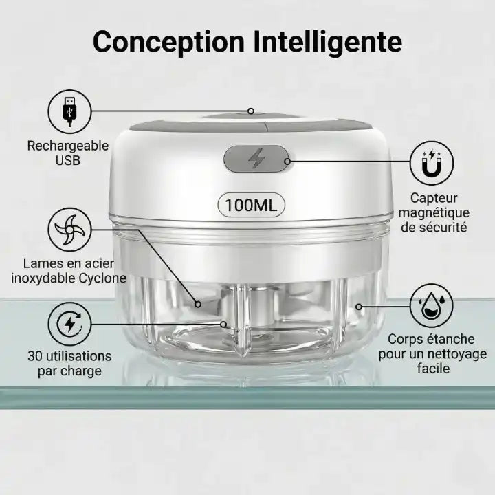 Mini hachoir électrique 30W 100–250 ml plastique — vue latérale