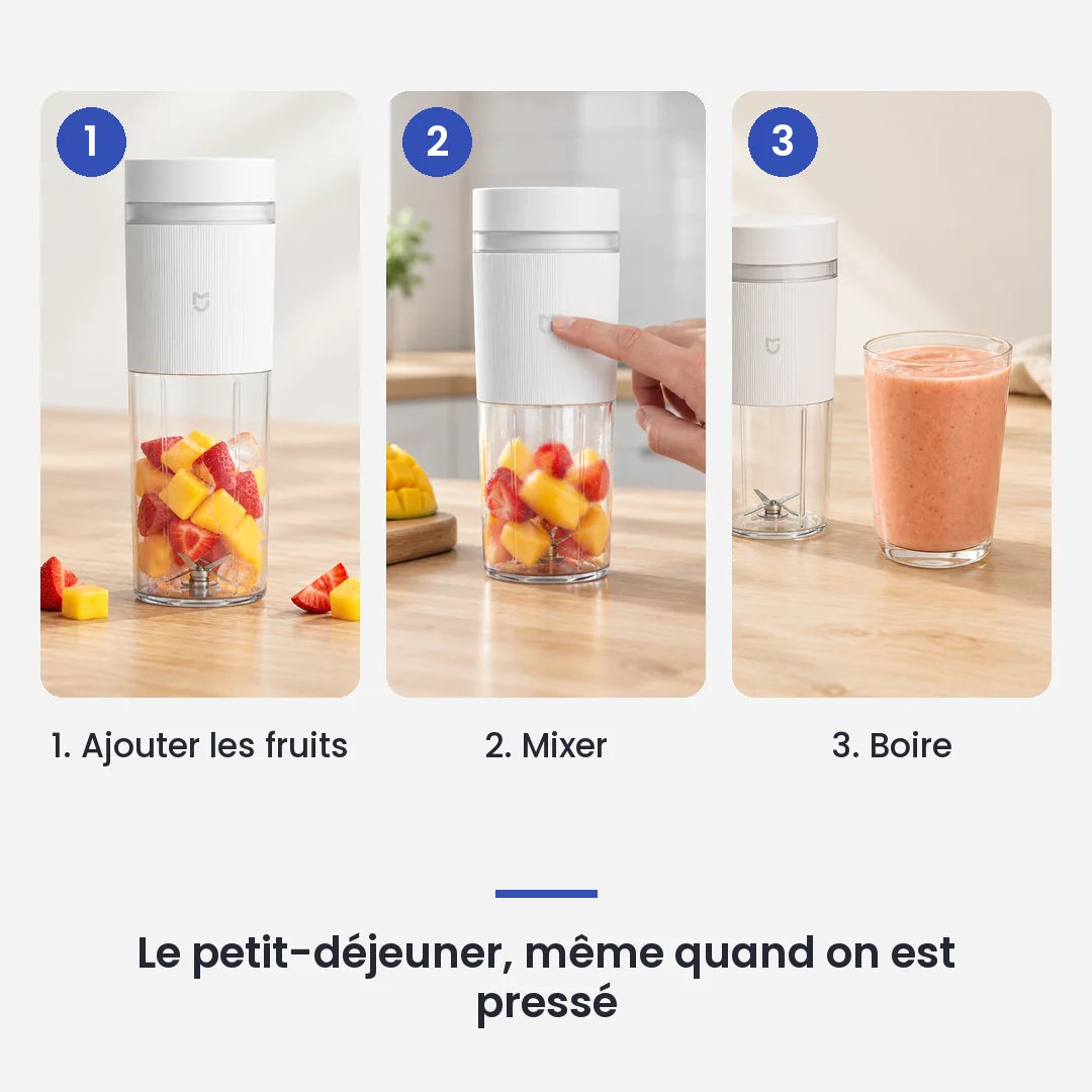 Comment utiliser le mini hachoir électrique portable MIJIA 300 ml en 3 étapes : ajouter les fruits, mixer, boire