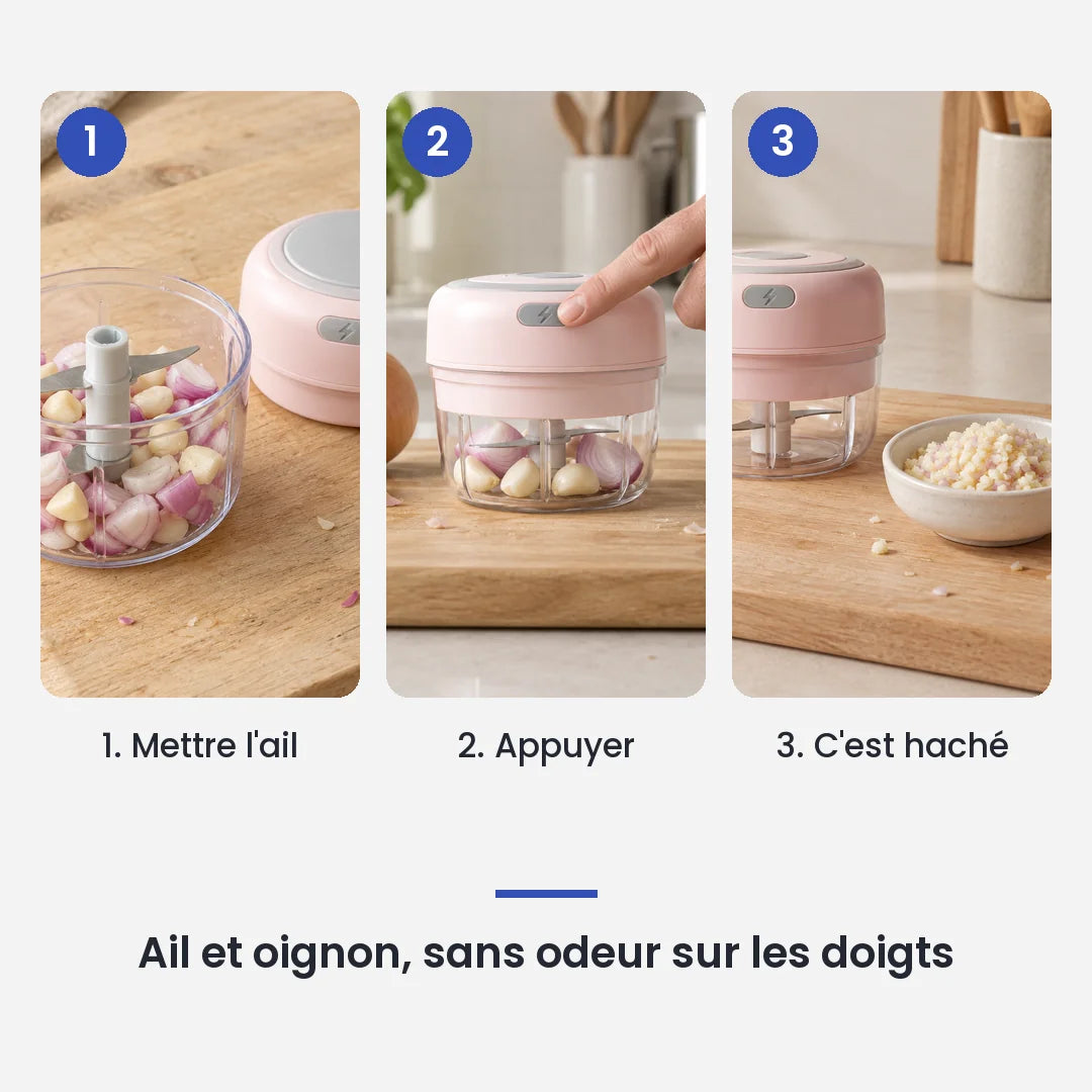 Comment utiliser le mini hachoir électrique rose 30W 100ml plastique en 3 étapes : mettre l'ail, appuyer, c'est haché