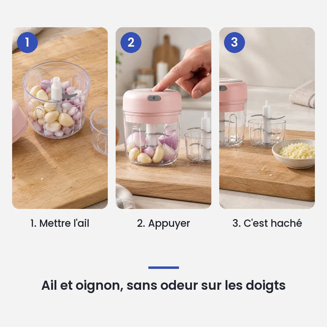 Comment utiliser le mini hachoir électrique rose 30W 250ml + 100 ml en 3 étapes : mettre l'ail, appuyer, c'est haché