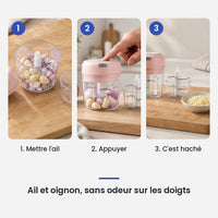 Comment utiliser le mini hachoir électrique rose 30W 250ml + 100 ml en 3 étapes : mettre l'ail, appuyer, c'est haché