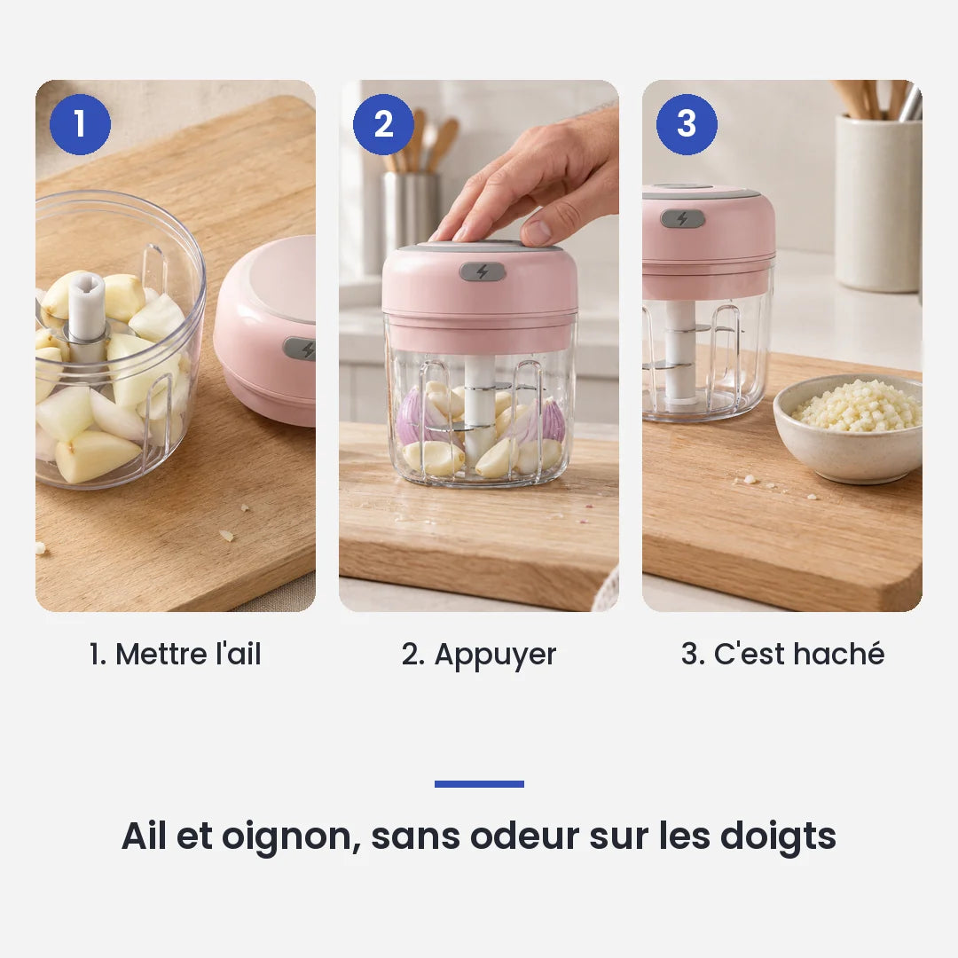 Comment utiliser le mini hachoir électrique rose 30W 250 ml plastique en 3 étapes : mettre l'ail, appuyer, c'est haché