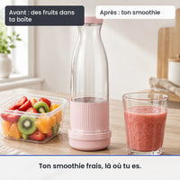Avant/après avec le mini hachoir électrique rose portable 6 lames : des fruits dans ta boîte, puis ton smoothie