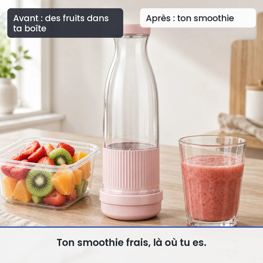 Avant/après avec le mini hachoir électrique rose portable 6 lames : des fruits dans ta boîte, puis ton smoothie