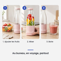 Comment utiliser le mini hachoir électrique rose portable 6 lames en 3 étapes : ajouter les fruits, mixer, boire