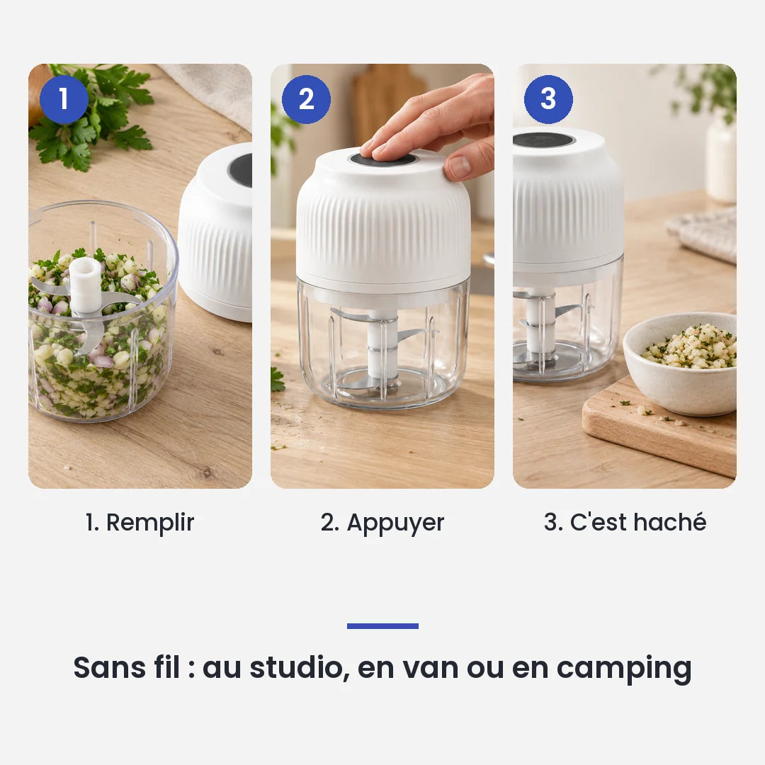 Comment utiliser le mini hachoir électrique USB 250 ml blanc – ail en 3 étapes : remplir, appuyer, c'est haché